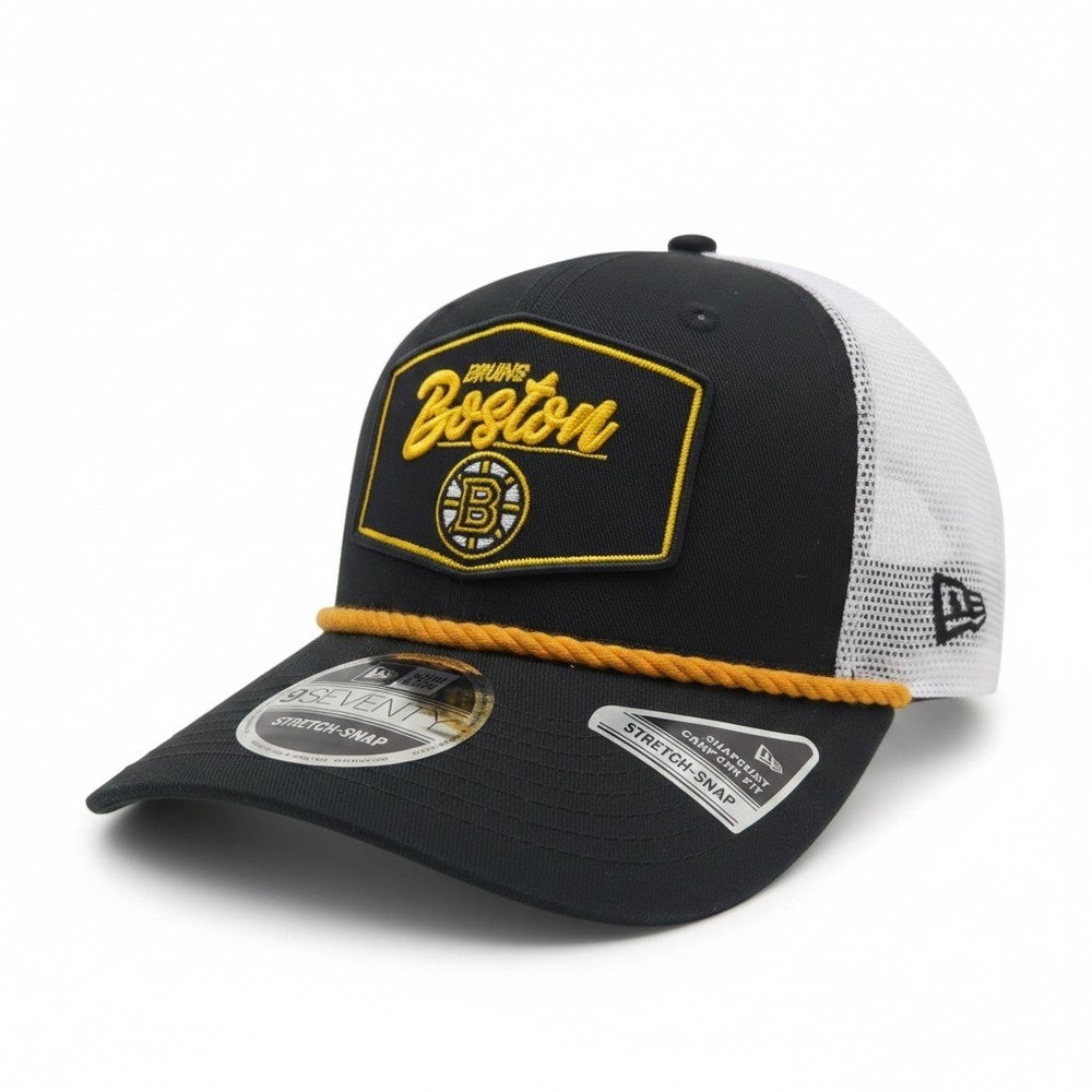 New Era 9SEVENTY Boston Bruins Hat Mens Black White Stretch Snap Trucker Cap NHL